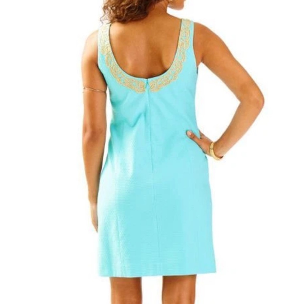 Lilly Pulitzer NWOT Bentley shift dress aqua cotton with gold cord embroidery. - Picture 3 of 6